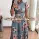 Sexy Women Floral Print Flowers Waist Slim Short Sleeve Maxi Dress