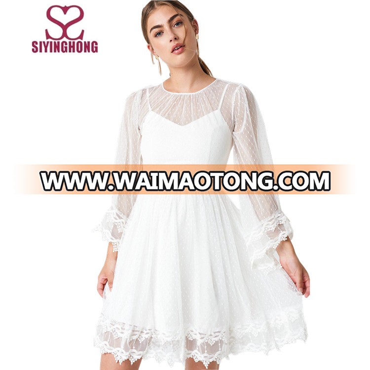 Custom cheap lace white long sleeve summer women dress